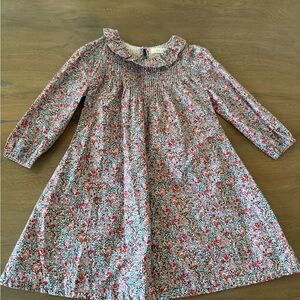 Doen Pink and Red Smocked A-line Dress with Bishop Sleeves